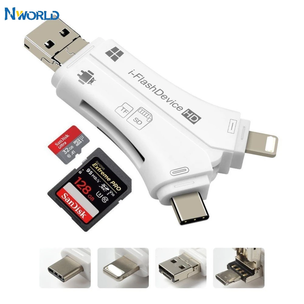 Nworld 4 в 1 i флеш накопитель USB Micro SD и TF кардридер адаптер для iPhone 5 6 7 8 iPad Macbook камера