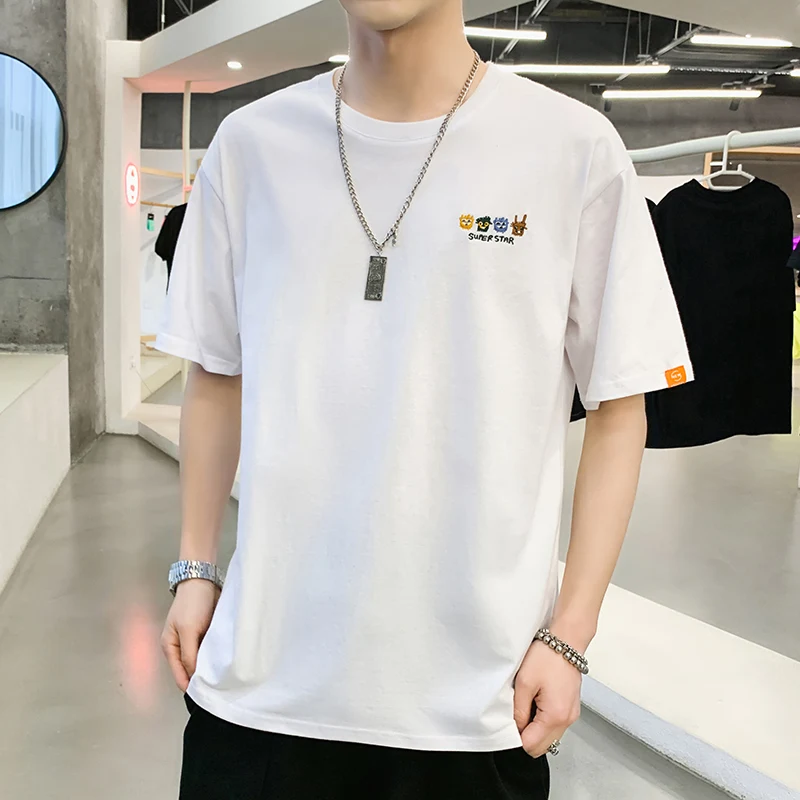 

2021 New Tees Shirt Men Casual Short Sleeve Embroidery Streetwear Harajuku Tshirts Hip Hop Fashion Summer Cotton Male Tops White