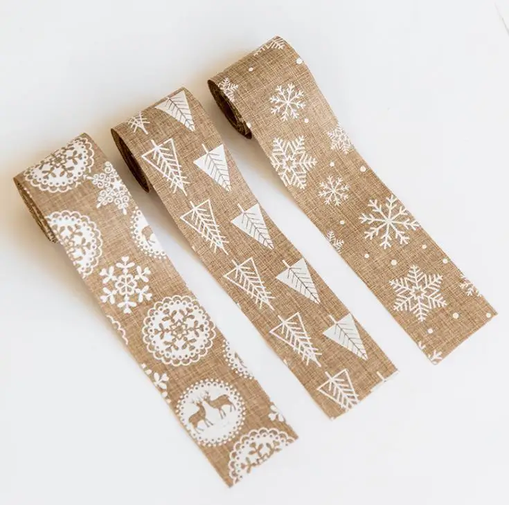 

Christmas Decoration Linen Ribbon Christmas Tree Style Folding Ribbon Snow and Snowflake Elk Patterning Ribbon SN3255