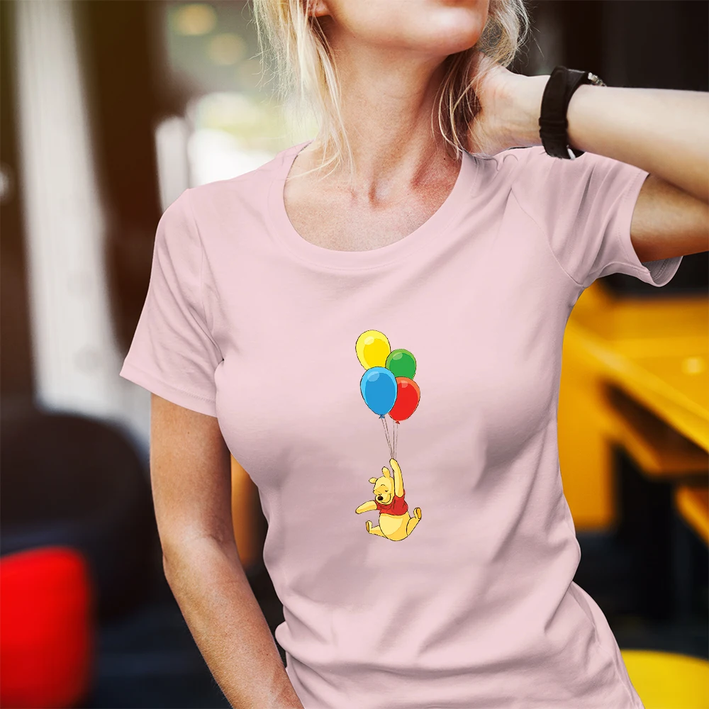 

Pooh Multicolored Balloons Print Women Tshirt Exquisite Loose Short Sleeve Modern Disney Creative Urbano Outdoor FemaleTee Shirt