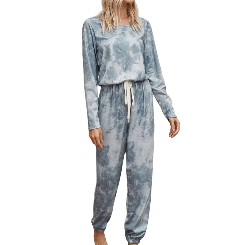 

Women Elegant Home Tie Dye Print Jumpsuit Casual Long Sleeve Pants Lace Up Rompers