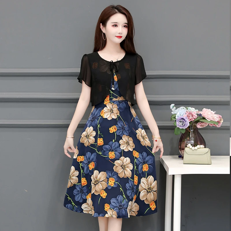 

COIGARSAM 4XL Plus Size Print Women dress New Summer Chiffon Dresses Blue Gold Black 9511