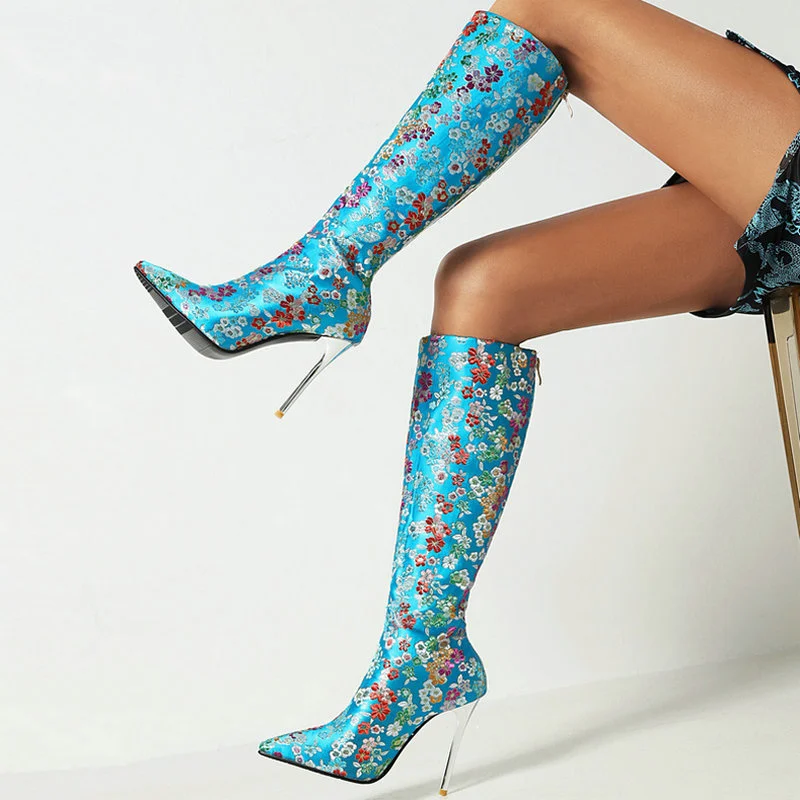 

2021 Women Knee High Boots Sexy Thin High Heel Pointed Toe Ladies Calf Boots Microfiber Flower Dress Women's Boots Plus Size 43