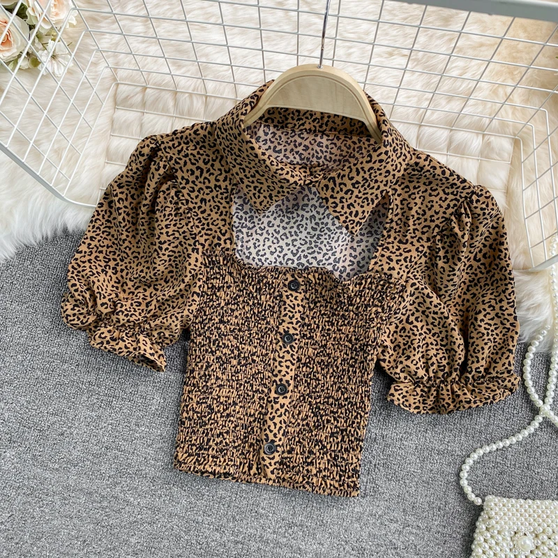 Сексуальное открытое платье с отложным воротником хлопковая блуза леопардовой