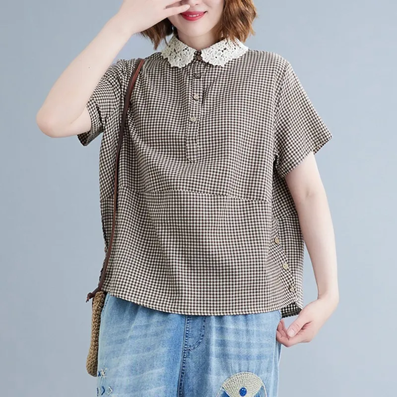 Женские хлопковые льняные топы блузки новинка милая летняя Клетчатая рубашка с
