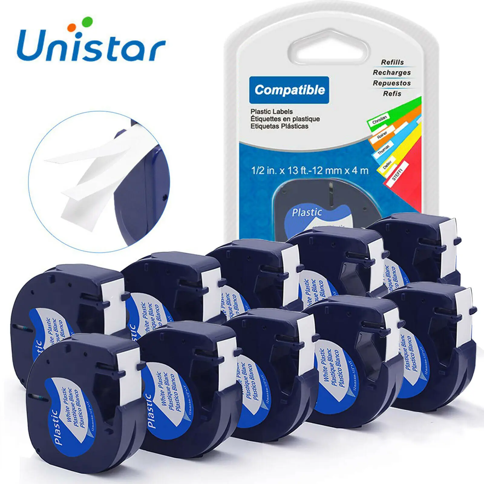 Пластиковая лента Unistar Letratag 10 шт. 12 мм совместима с Dymo 91201 для этикеток x 4 м черная