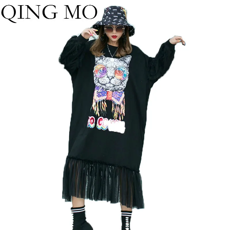QING MO осенне зимнее платье свитшот женское с блестками и рисунком кота животных 2020