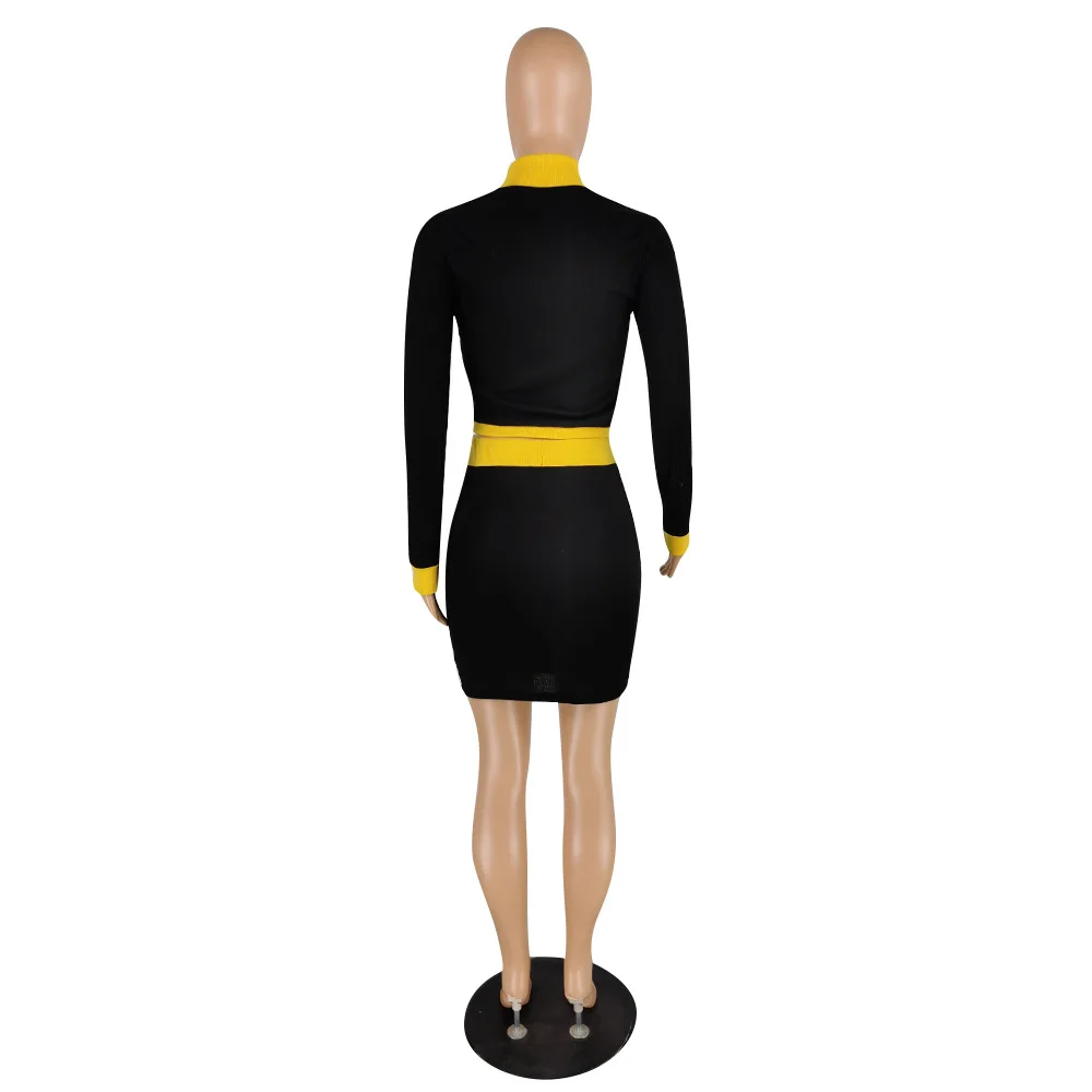 

Autumn new fashion solid color sexy two piece suit slim o-neck long sleeve top and short skirt women's suit