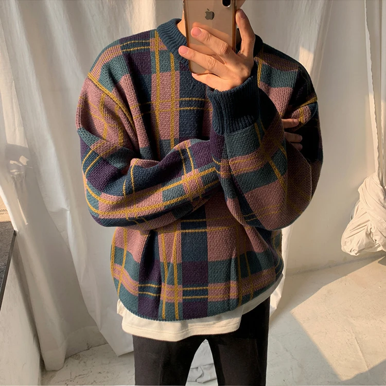 

IEFB Men's Thickened Plaid Color Block Pattern Kint Sweater Korean Fashion Loose Veintage Kintwear Pullover Tops For Male 9Y3242