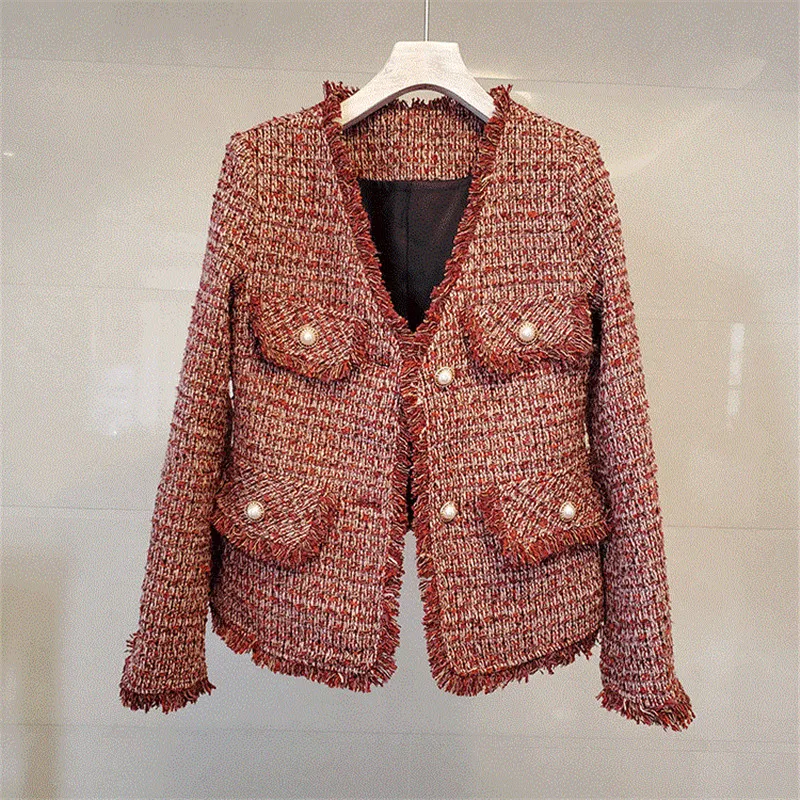 

CBAFU wine red autumn winter coat women jacket pearls button tassel tweed long sleeve v-neck warm runway outwear wool N312