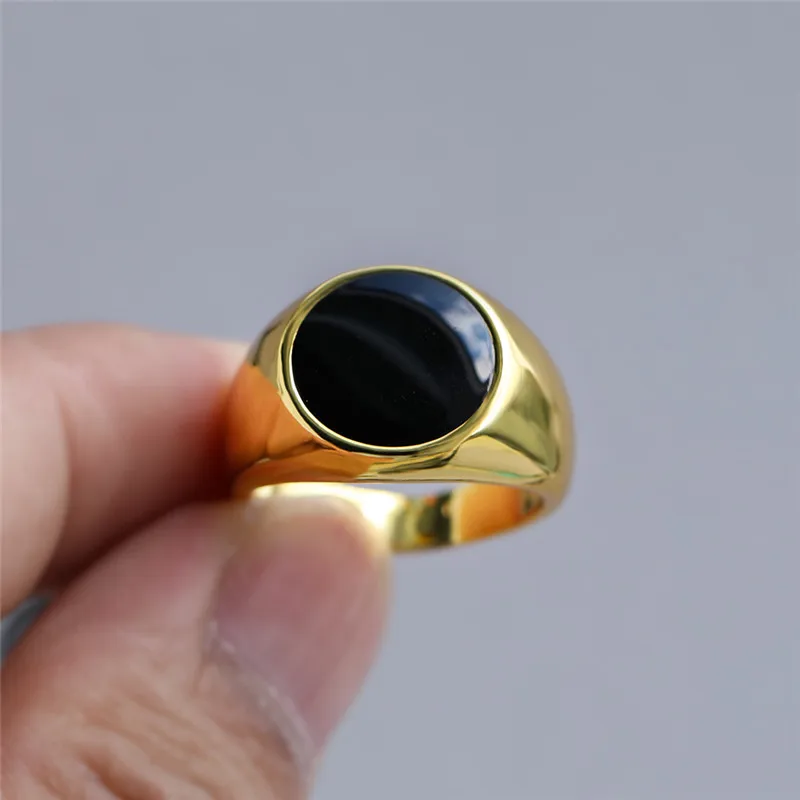 Big Round Black Stone Yellow Gold Color Rings for Men Vintage Fashion Wedding Jewelry Male Engagement Promise Ring Luxury Gifts | Украшения