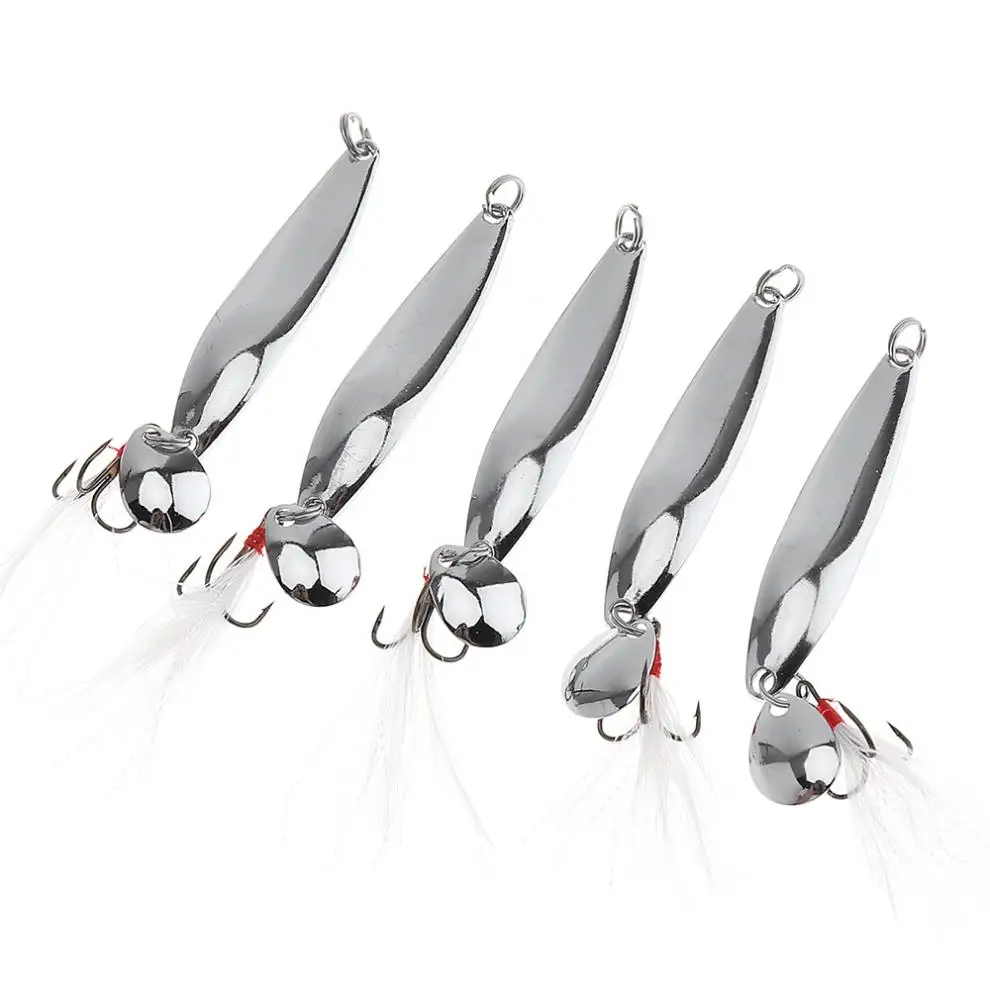

5pcs/lot 10g Durable Metal Sequins Fishing Lure Spinner Spoon Hard Bait with Feather Treble Hook for Pesca Bass Snakehead
