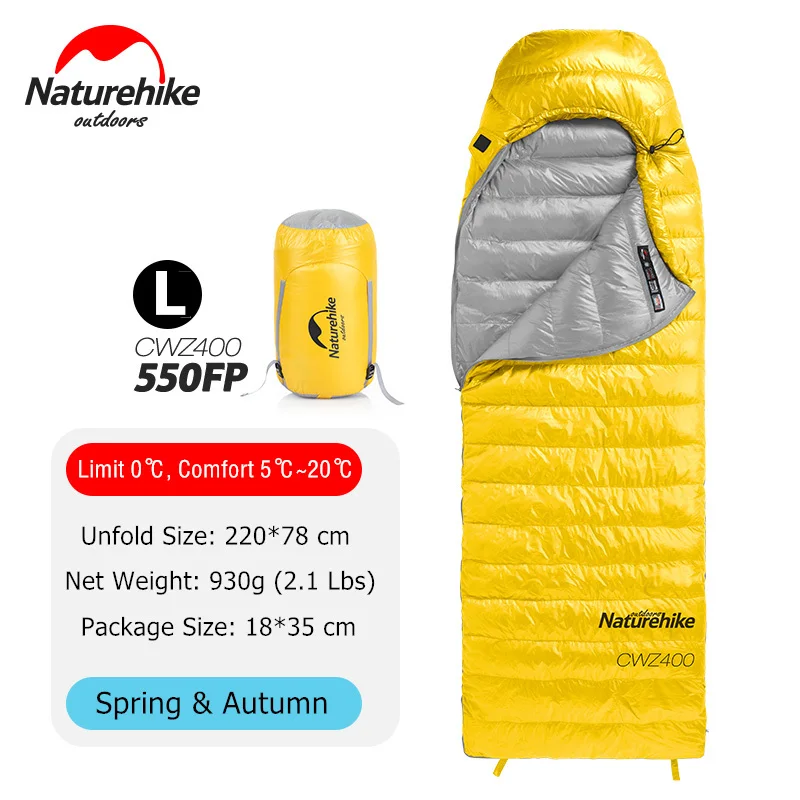 Naturehike CW400 Сверхлегкий 4 сезона квадратный гусиный пух альпинистский спальный мешок для холодной погоды водонепроницаемый спальный мешок для кемпинга - Цвет: 550FP - Yellow - L