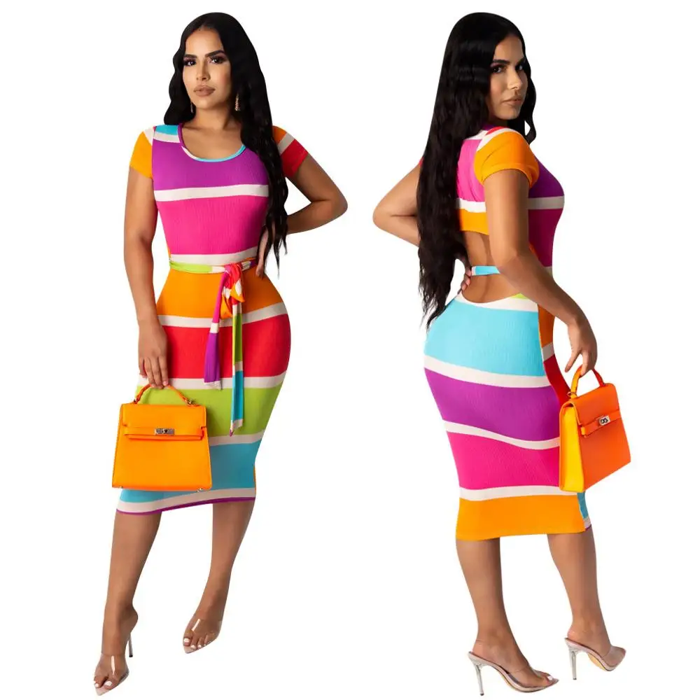 

Adogirl 2020 New Summer Women Dress Stripe Printed Short Sleeve Multiple Color Long Dress Casual Hollow Party Club Ladies Dress