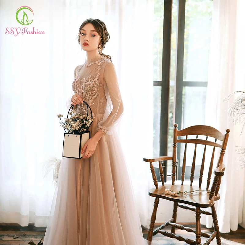 SSYFashion/Новинка вечернее платье цвета шампанского с длинным рукавом и высоким