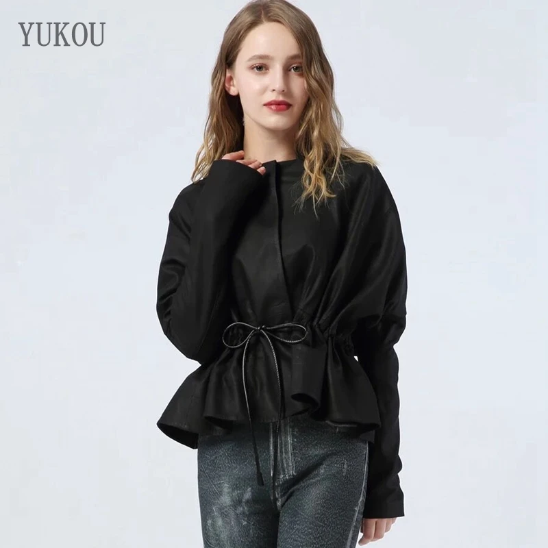 

YUKOU European Style Real Women Coats Sheepskin Genuine Leather Short Windcoat Sleeve Bat Sleeves Loose