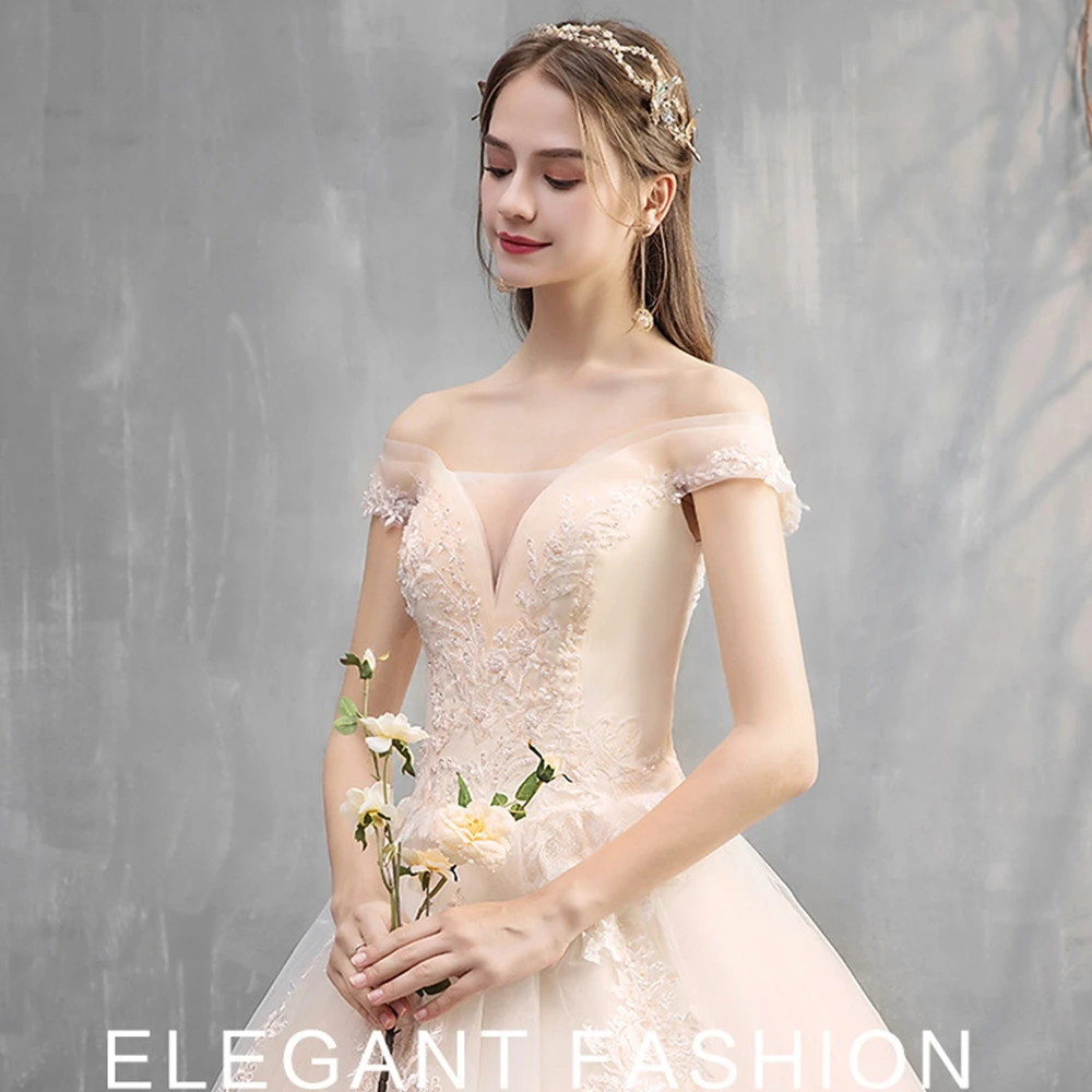 

wedding dresses boat neck champagne appliques a-line bridal dress