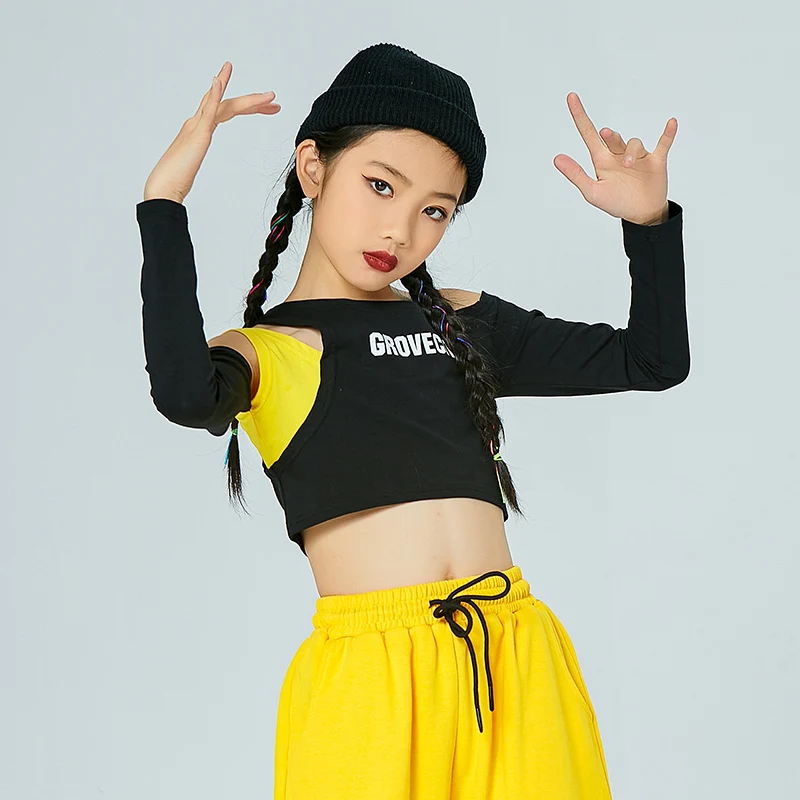 

2021 Children Jazz Dance Costumes For Girls Long Sleeved Yellow Hiphop Pants Ballroom Hip Hop Dancing Clothes Stage Outfits