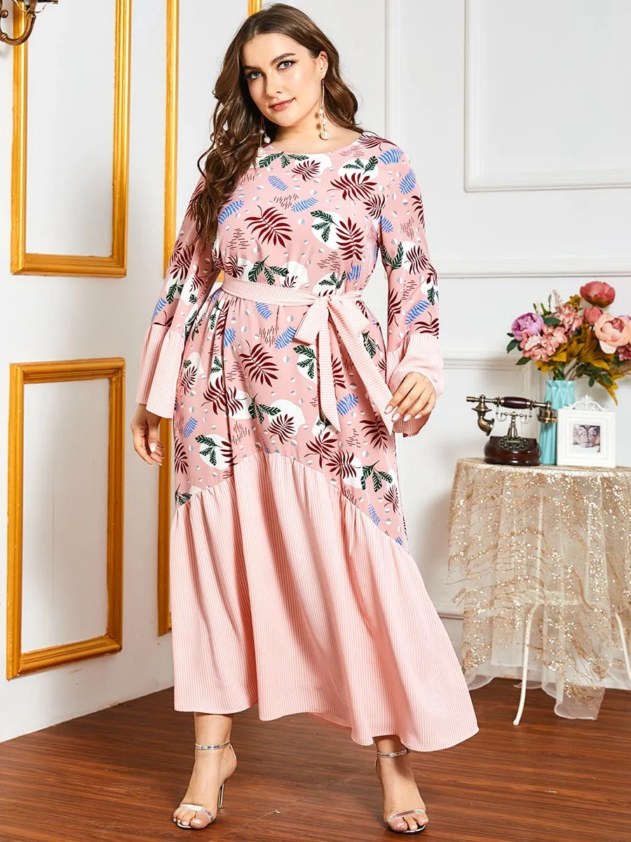 

Plus Size Maxi Dress for Women Sweet Pink Striped Floral Patchwork Long Sleeve Arabic Oman Muslim Turkey Clothes 2020