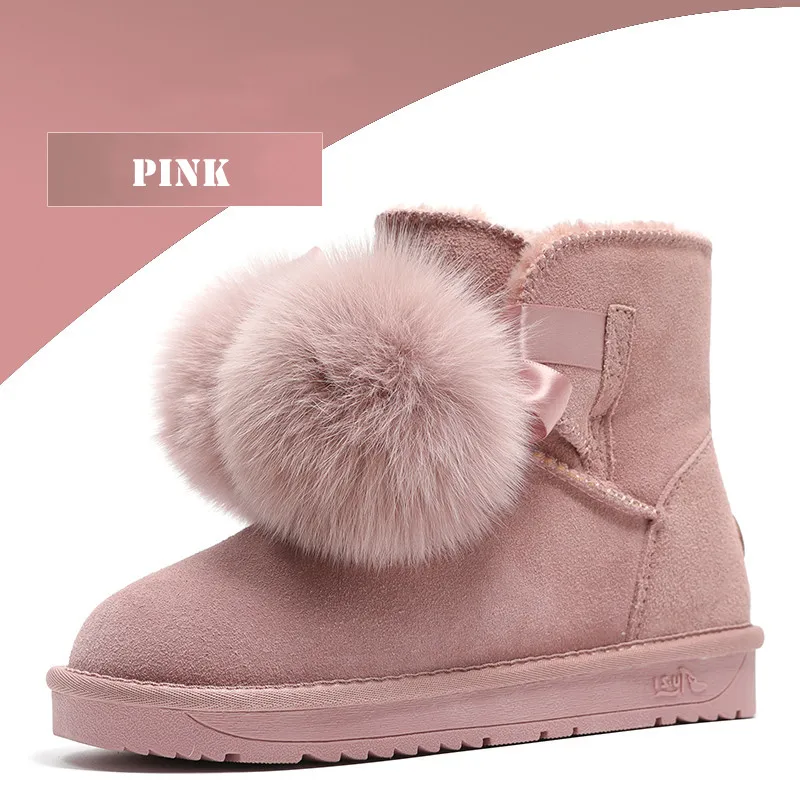 pink Г., зимние сапоги женские винтажные Зимние ботильоны из натуральной замши и плюша с меховыми помпонами Нескользящая водонепроницаемая обувь женские ботинки - Цвет: pink