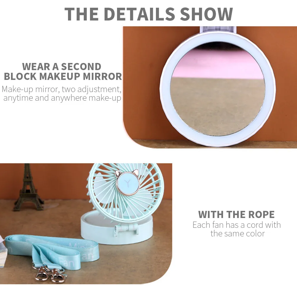 

Portable Fan 2 In 1 Mini Handheld Fan Fold USB Rechargeable Battery Makeup Mirror Pocket Fan Usb Rechargeable Personal Fan