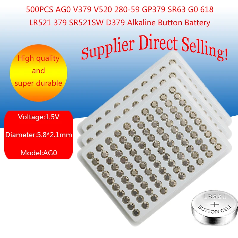 

500PCS AG0 V379 V520 280-59 GP379 SR63 G0 618 LR521 379 SR521SW D379 Alkaline Button Battery High quality factory price