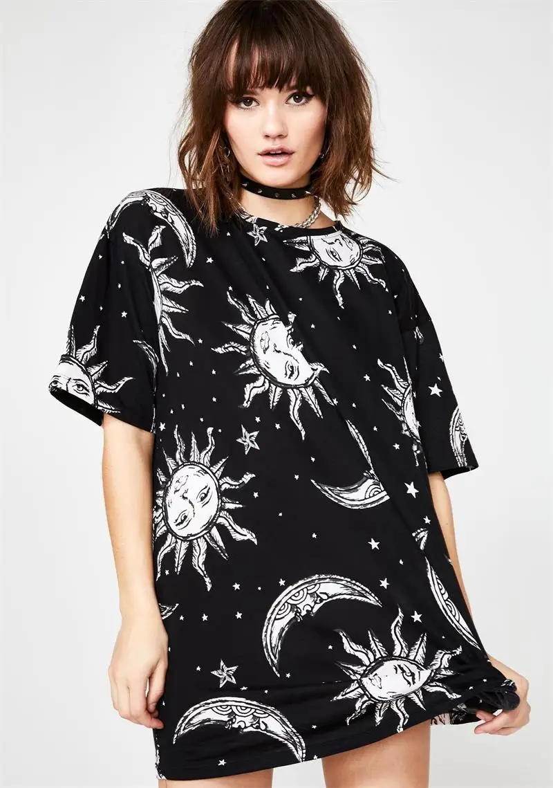 

OneLineFox Punk Galaxy Womens Shirts Short Sleeve Tops O Neck Casual 3D Loose Tshirts Stretchy Basic Club Top Tee