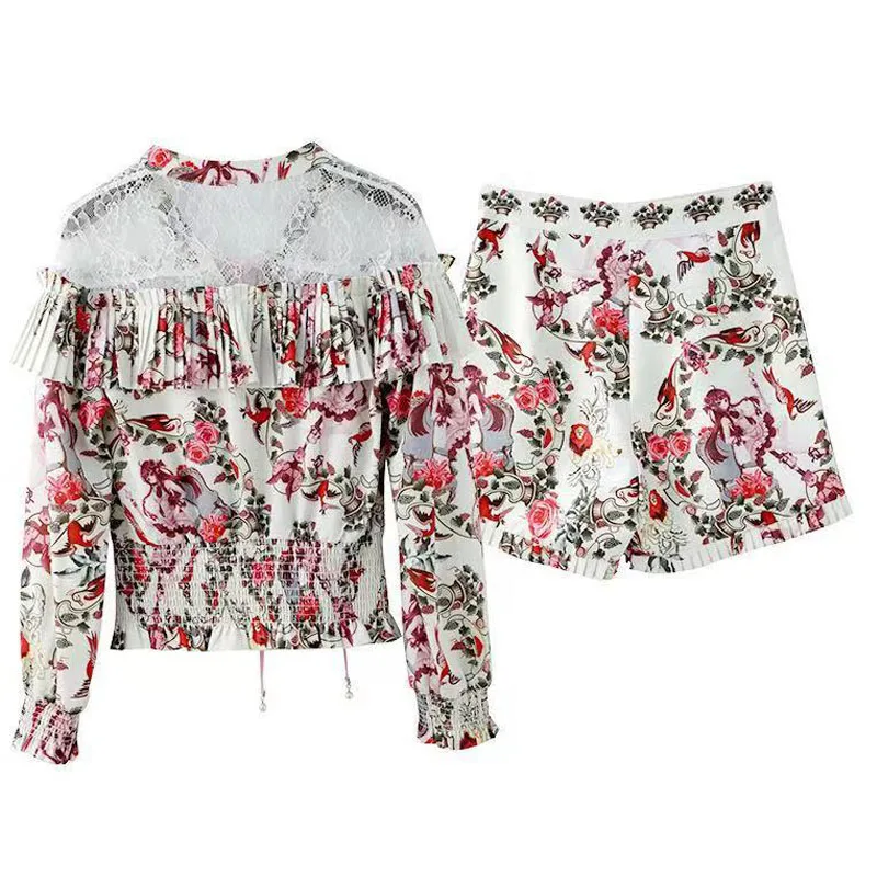 

ZALady designer vintage floral two piece set suit women clothes casual traf summer lace ruffles long sleeve top shirt and shorts