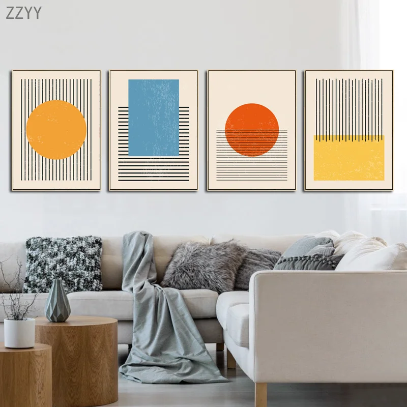 

Nordic Fresh Abstract Yellow Orange Blue Geometric Color Blocks Black and White Lines Canvas Painting Room Home Decor Posters