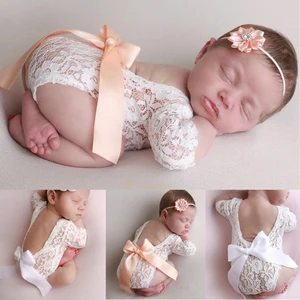 Baby Romper Deep V Backless Newborn Photo Photograph Props Lace Toddler Hollow Bow-knot Design Fotog