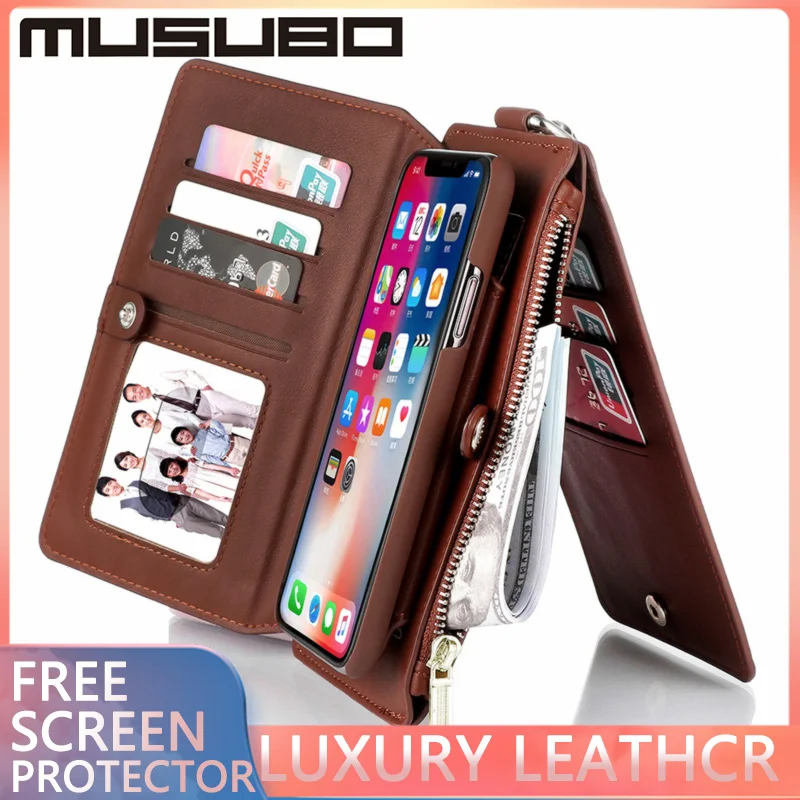 

MUSUBO Luxury Leather For iPhone XS 11PRO MAX 7 8 PLUS SE 2020 Case Cover Flip Shockproof Card Cover Wallet Multifunction Coque