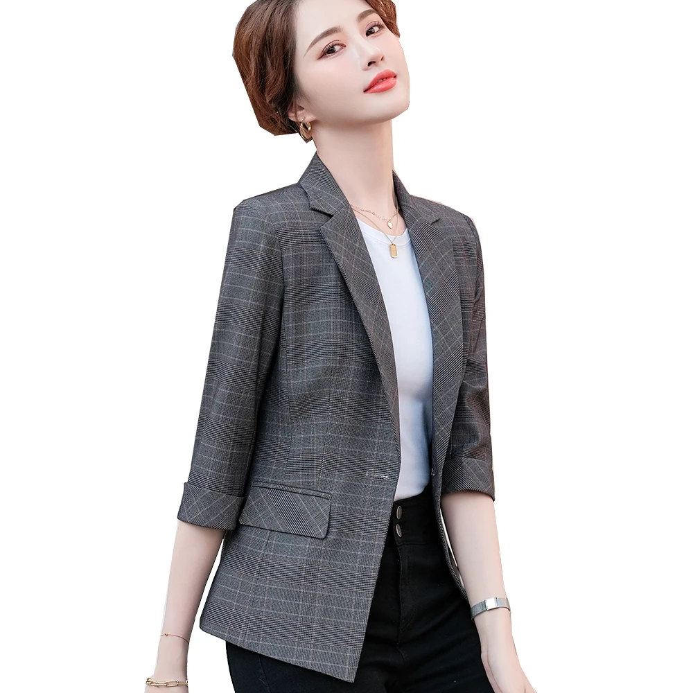 

Spring Summer Women Gray Plaid Half Sleeve Blazer Fashion Ladies Female Slim Single Button Formal Jacket Blazer Women