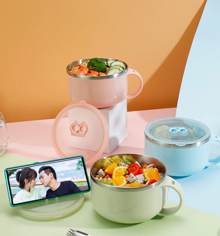 

Stainless Steel Ramen Noodles Bowl Anti-scalding Instant Noodle Bowls With Lid And Spoon Tableware For Student And Office Worker