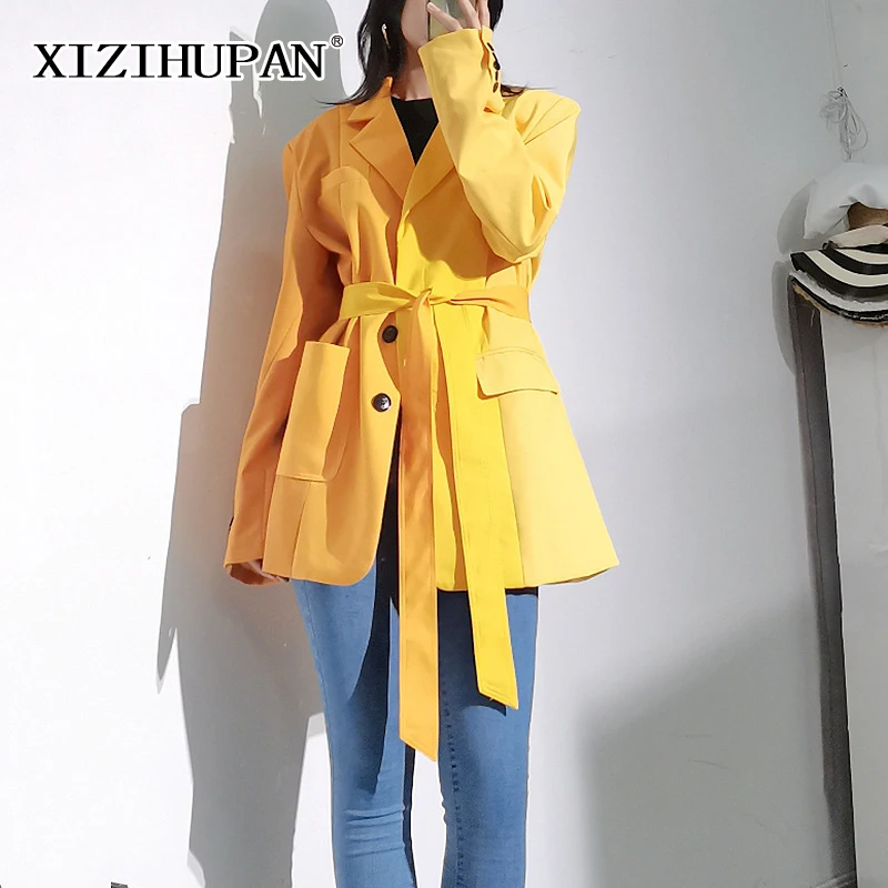 

XIZIHUPAN Yellow Fold Pleated Women's Coat Notched Long Sleeve Patchwork Pockets Gathered Waist Colorblock Female Blazer Stylish