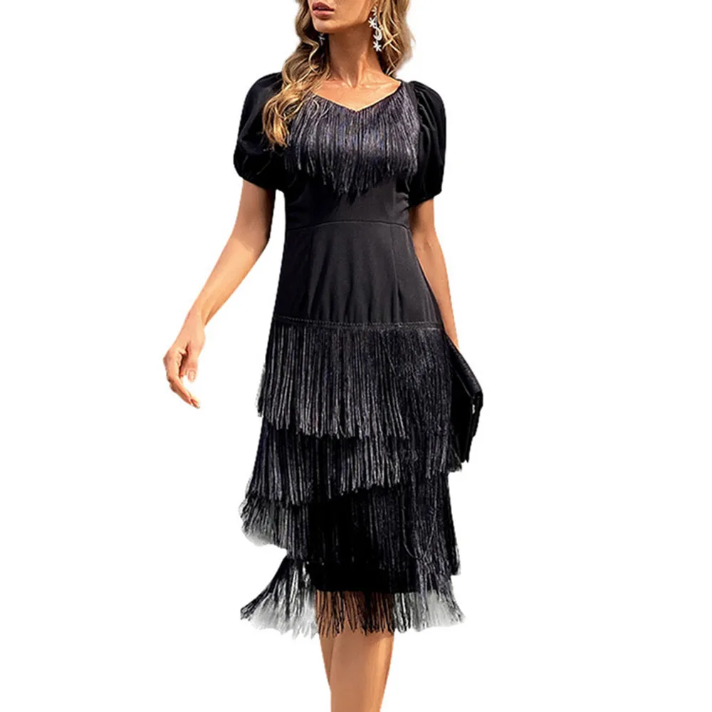 

Western Style Fashion Lantern Sleeve Tassel Women's Dress 2021 Summer New Solid Color Sexy V-neck Temperament Elegant