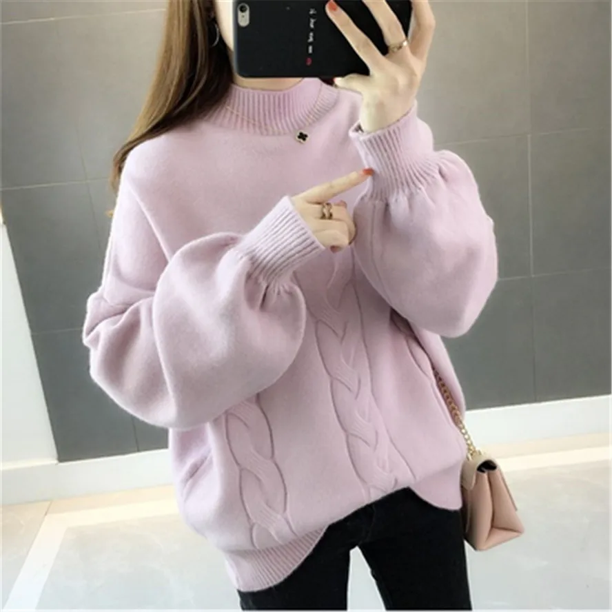 

Korean Winter Women Sweater Half Turtleneck Lantern Sleeve Knit Pullover Loose Plus Size 5XL Fashion Jumper Tops 2020 Pull Z2697