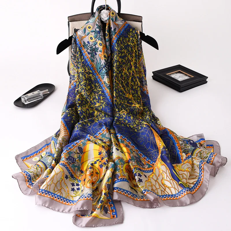

2021 Luxury Silk Scarf For Women Tree Leaf Printed Foulard Shawls Out Door Sun Protective Pashmina Female Fashion Neck Wrap