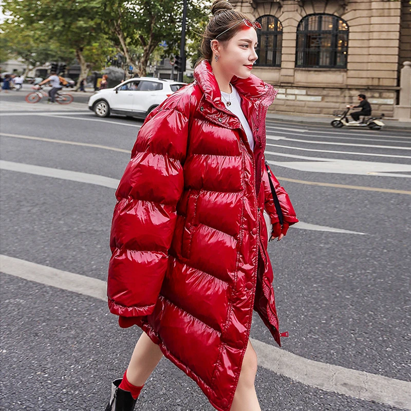 Женская Зимняя Красная Блестящая пуховая хлопковая куртка пальто Толстая теплая