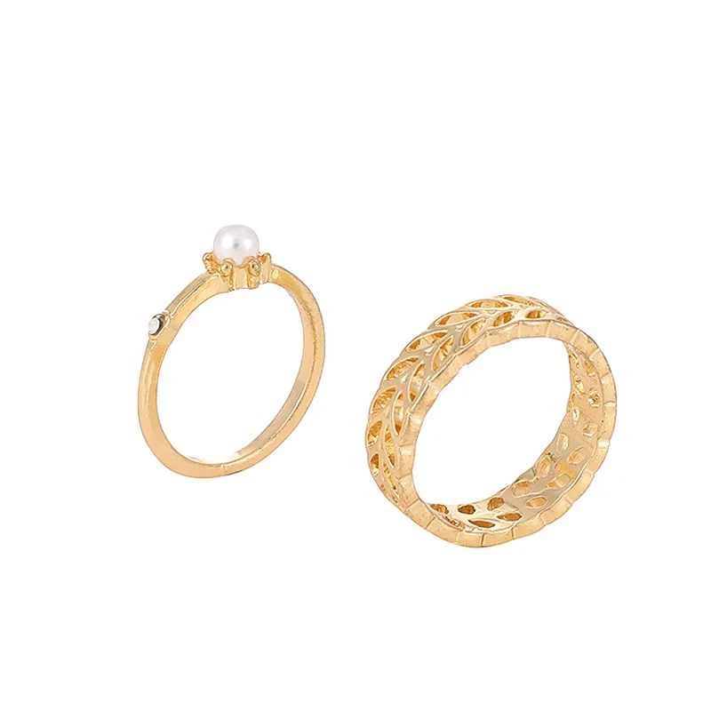 

2Pcs/set Trendy Gold Silver Color Round Hollow Rings Set For Women Girl Metal Geometry Circular Pearl Charm Joint Ring Jewelry