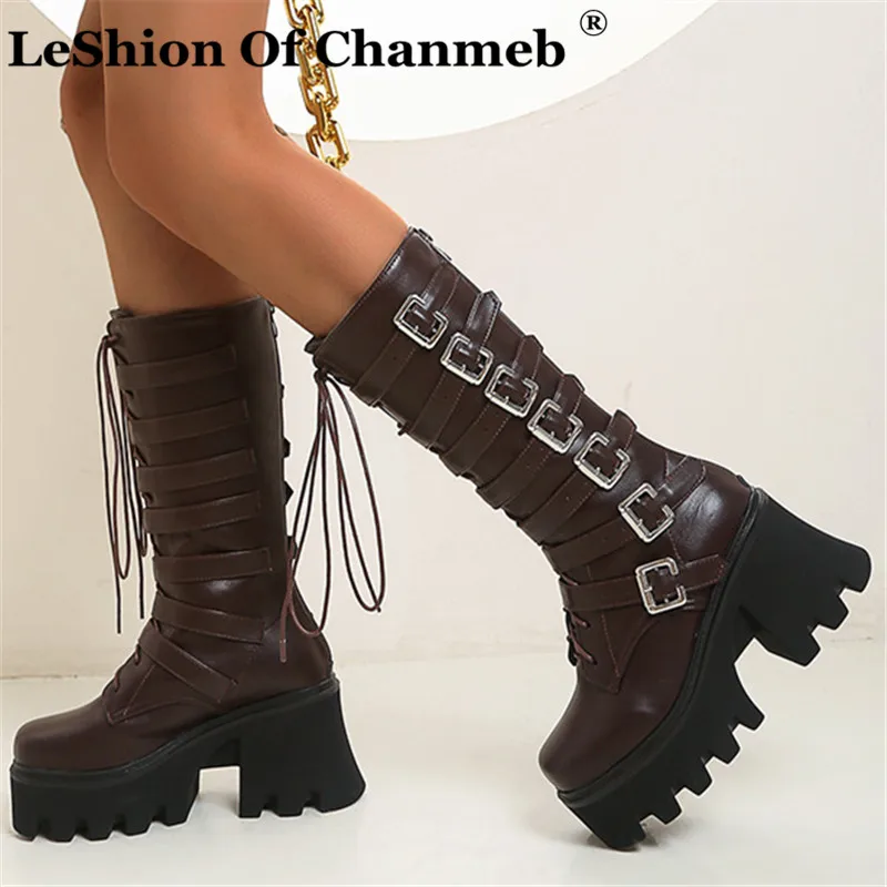 

Punk Metal Buckled Gothic Shoes Women Cross Tie Platforms Chunky Heeled Mid-calf Boots Woman Female Thick Heels Motorcycle Boots