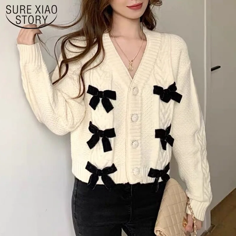 

Bow Cute Cardigan Sweater Women Casual V-neck Autumn Winter New Cropped Cardigan Long Sleeve Loose Sweaters Woman Clothing 17327