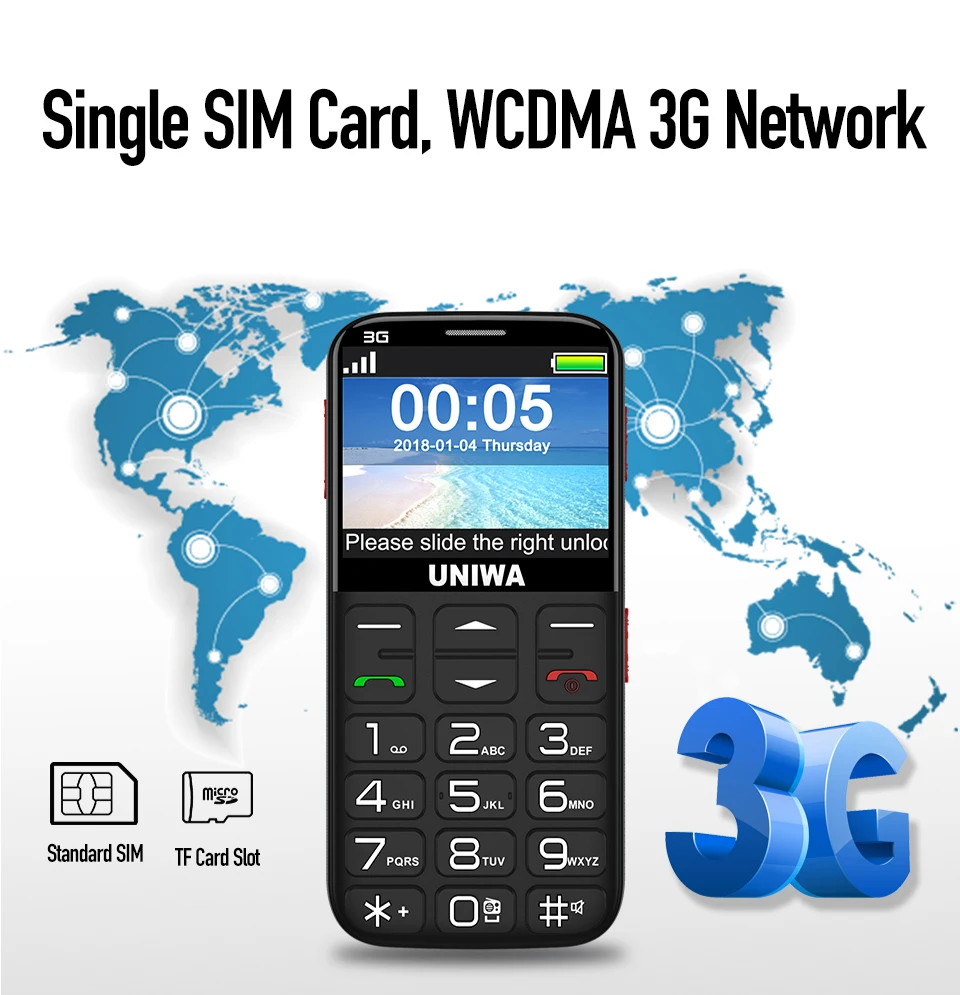 Беспроводной телефон 3G GSM WCDMA с сим картой радио светодиодный фонарик кнопкой SOS