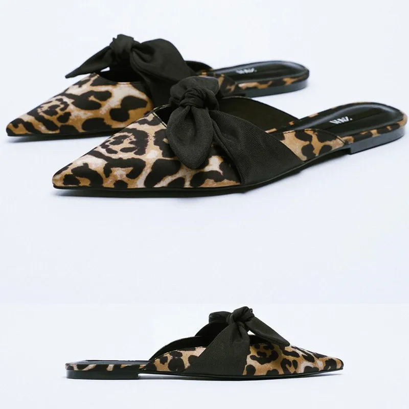 

2021 New Autumn Women's shoes Leopard Pattern Bowknot Ornament Muller shoes Pointed Toe Flat Half Slippers For Women