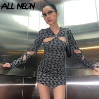 allneon e girl fashion floral print black cut out dress 90s aesthetics hollow out bodycon long sleeve sexy mini dress clubwear