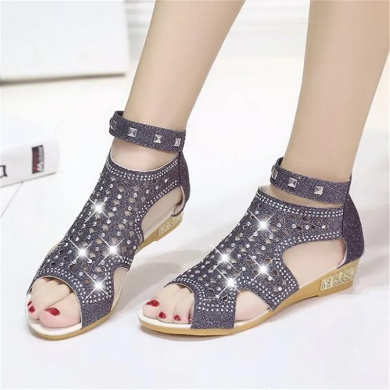 

women sandals PU Sequined Cloth Slip On 3CM Flat heel Round Toe Bling Rhinestones Shallow sandal for women shoes size 35-42