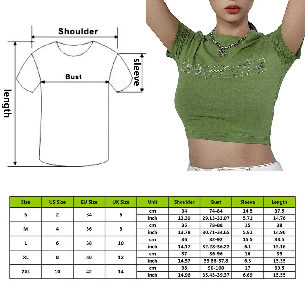 

Dihope Women Summer Y2K Short Sleeve Crop Top Shiny Hot Drill Rhinestone Cosmic Letter T-Shirt Navel Slim Vest Club Streetwear