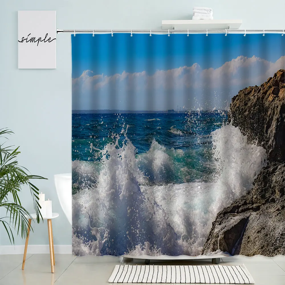 

Ocean Scenery Shower Curtain Waves Rocks Blue Sky White Clouds Natural Landscape Home Bathroom Decor With Hook Polyester Screen
