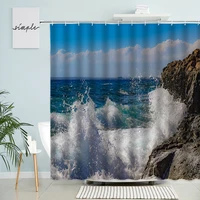 ocean scenery shower curtain waves rocks blue sky white clouds natural landscape home bathroom decor with hook polyester screen