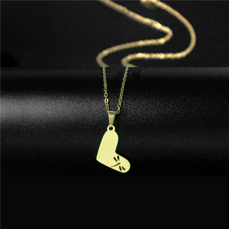 

Stainless Steel Necklace For Women Man Lover's Dragonfly Heart Gold Color Pendant Necklace Engagement Jewelry