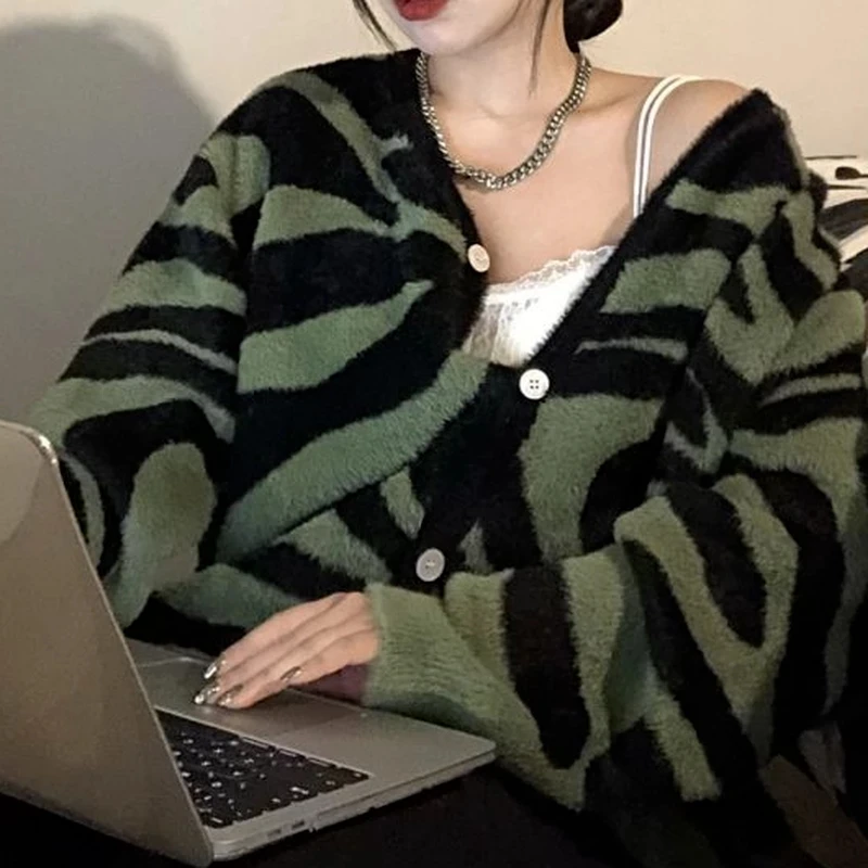 

Deeptown Korean Style Zebra Printed Oversize Green Sweater Cardigan Women Harajuku V-neck Knitted Long Sleeve Jumper Female Top